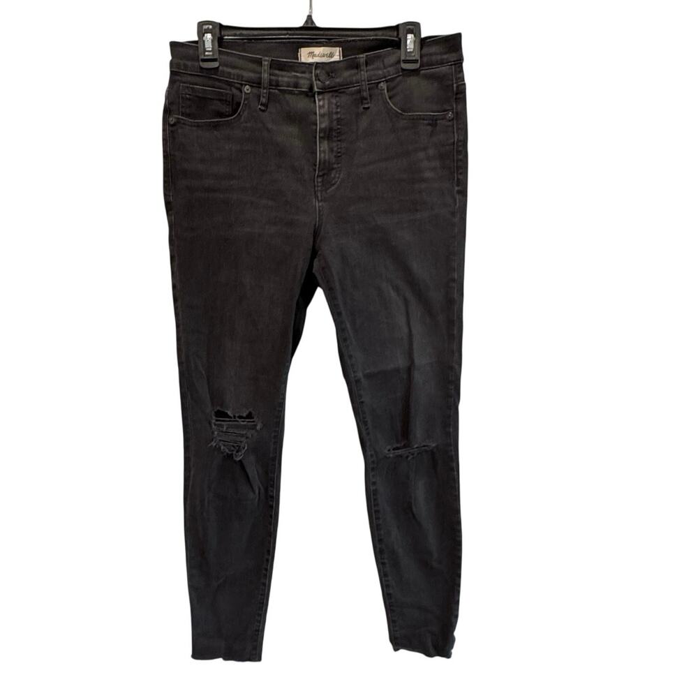Madewell 9” High Rise Skinny Jeans Black Distressed Raw Hem Ankle Denim Sz 30